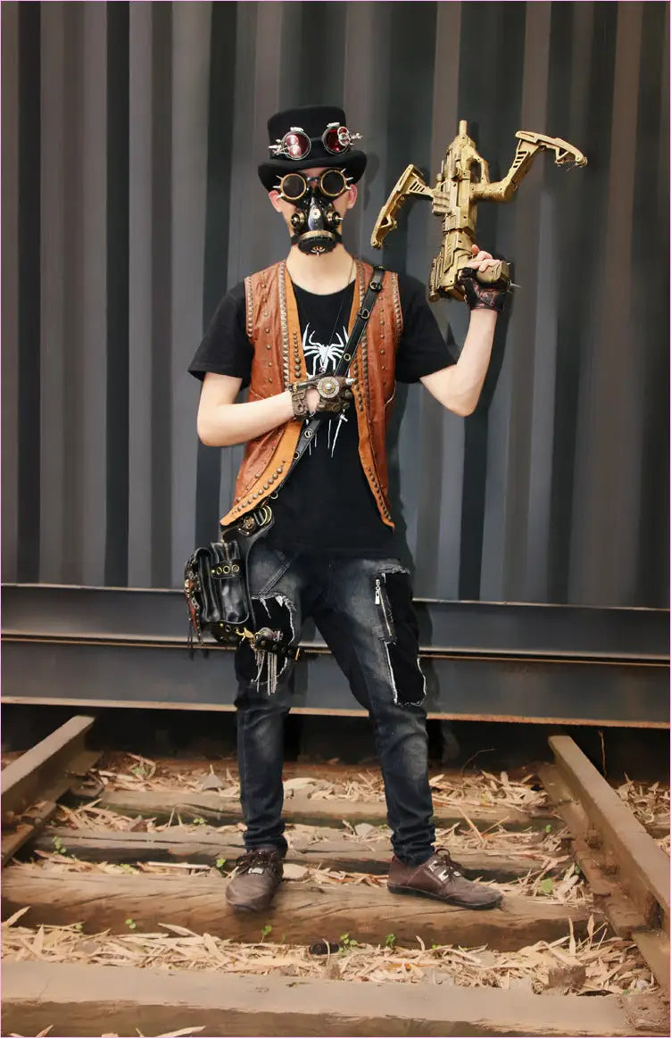 Person in steampunk-inspired attire holding a mechanical puppet or figurine.