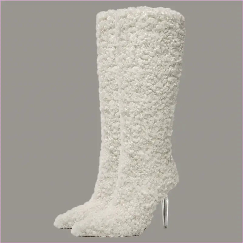 Womens Knee High Pointed Toe Boots Crystal Heel