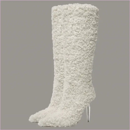 Womens Knee High Pointed Toe Boots Crystal Heel