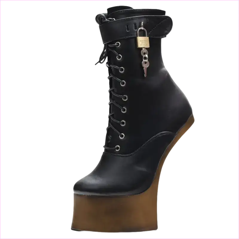 Black leather ankle boot with an extremely high wooden platform sole and no heel.