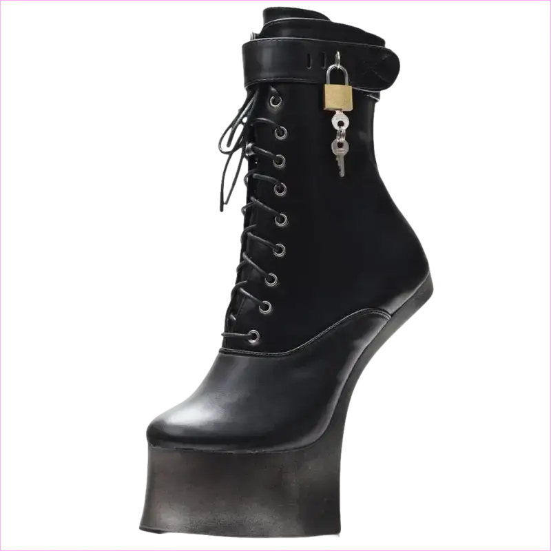 Unusual black platform boot with no heel and a padlock accessory.