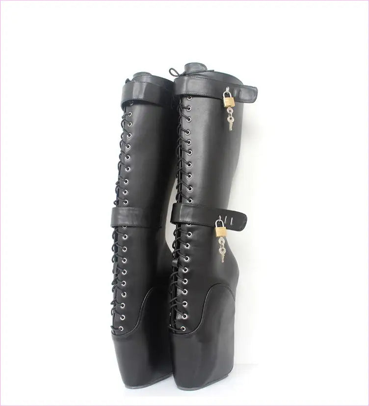 Unique Knee-high Lace Up Ballet Boots with padlock Black
