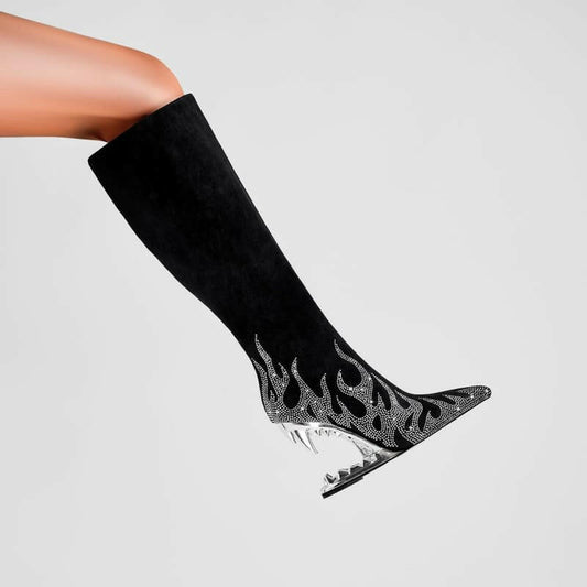 Unique Tiger Mouth Design Heel with Rhinestone Flame