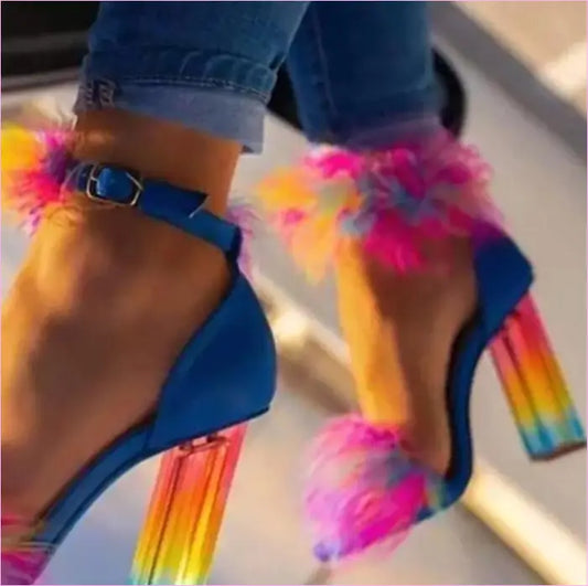 New For Summer Rainbow Crystal Heel Fur Front Sandals