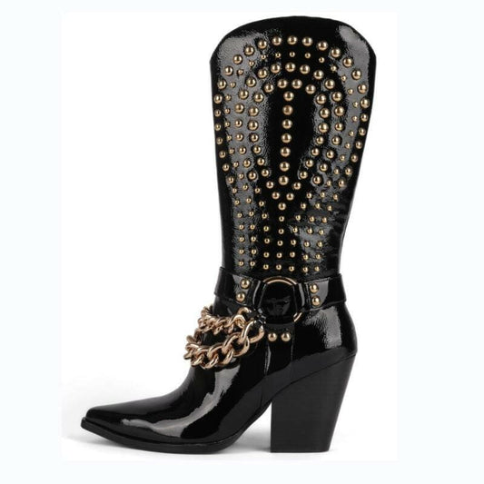 Western Cowboy Boots Black Patent Leather Rivet Buckle