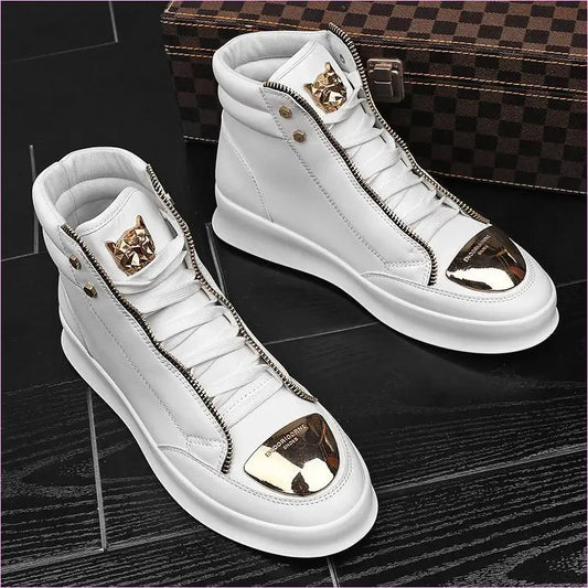 Pair of white high-top sneakers with gold metallic accents and zipper details.